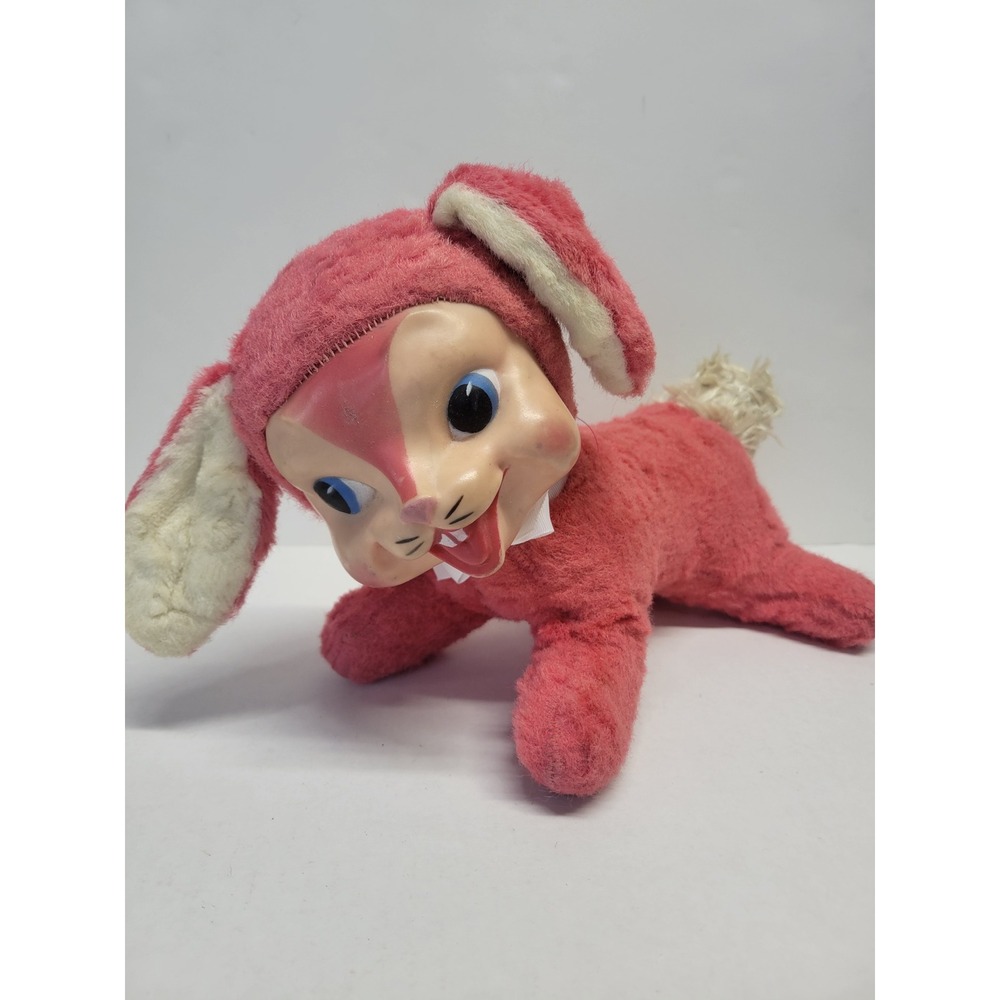 Vtg Rushton Rubber Face Plush Bunny‎ Rabbit Pink Crawling Mid Century Retro Toy